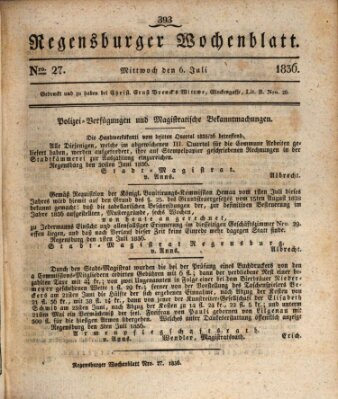 Regensburger Wochenblatt Mittwoch 6. Juli 1836