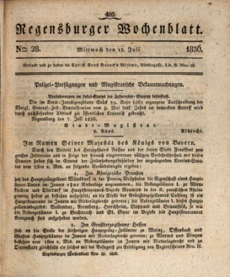 Regensburger Wochenblatt Mittwoch 13. Juli 1836