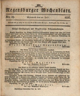 Regensburger Wochenblatt Mittwoch 20. Juli 1836