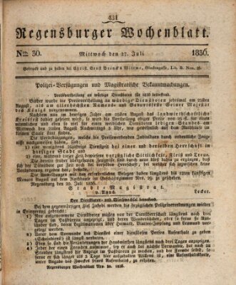 Regensburger Wochenblatt Mittwoch 27. Juli 1836