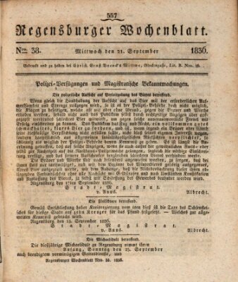 Regensburger Wochenblatt Mittwoch 21. September 1836