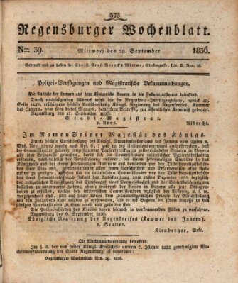 Regensburger Wochenblatt Mittwoch 28. September 1836