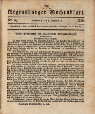 Regensburger Wochenblatt Mittwoch 7. Dezember 1836