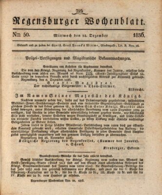 Regensburger Wochenblatt Mittwoch 14. Dezember 1836