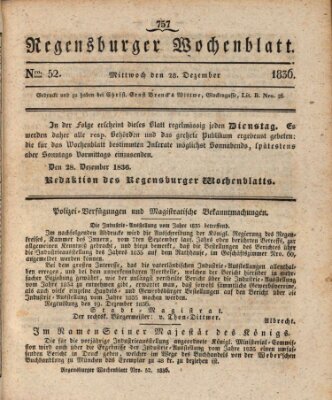 Regensburger Wochenblatt Mittwoch 28. Dezember 1836