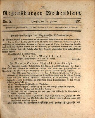 Regensburger Wochenblatt Dienstag 10. Januar 1837