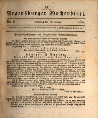 Regensburger Wochenblatt Dienstag 17. Januar 1837