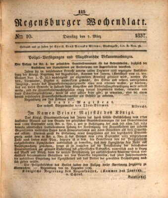 Regensburger Wochenblatt Dienstag 7. März 1837