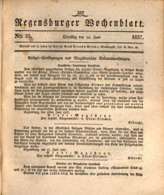 Regensburger Wochenblatt Dienstag 20. Juni 1837