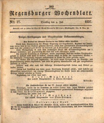 Regensburger Wochenblatt Dienstag 4. Juli 1837