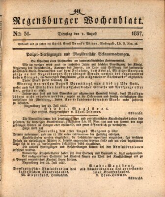 Regensburger Wochenblatt Dienstag 1. August 1837