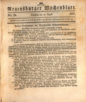 Regensburger Wochenblatt Dienstag 22. August 1837