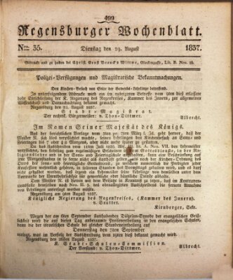 Regensburger Wochenblatt Dienstag 29. August 1837