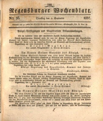 Regensburger Wochenblatt Dienstag 5. September 1837