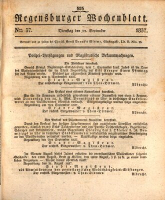 Regensburger Wochenblatt Dienstag 12. September 1837