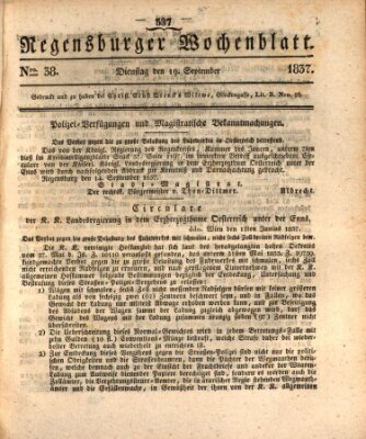 Regensburger Wochenblatt Dienstag 19. September 1837