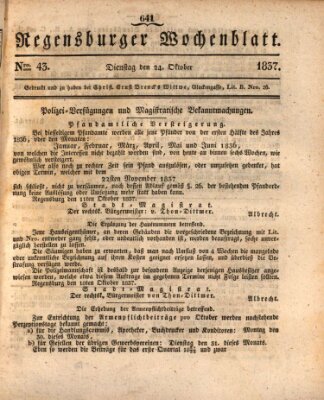 Regensburger Wochenblatt Dienstag 24. Oktober 1837