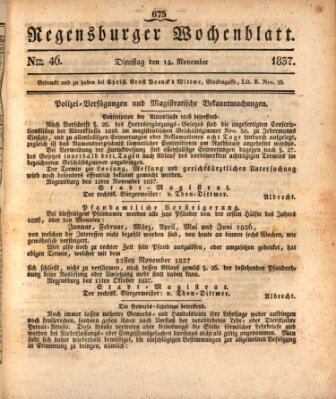 Regensburger Wochenblatt Dienstag 14. November 1837