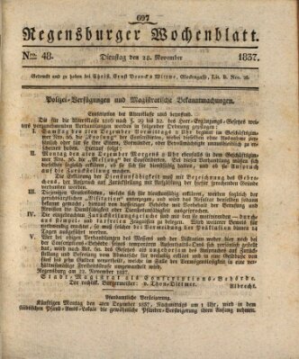 Regensburger Wochenblatt Dienstag 28. November 1837