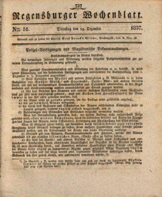 Regensburger Wochenblatt Dienstag 19. Dezember 1837