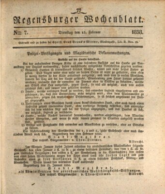 Regensburger Wochenblatt Dienstag 13. Februar 1838