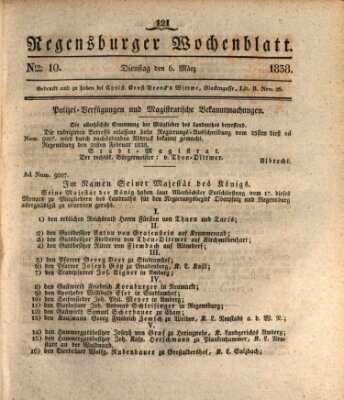 Regensburger Wochenblatt Dienstag 6. März 1838