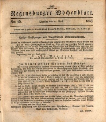 Regensburger Wochenblatt Dienstag 17. April 1838