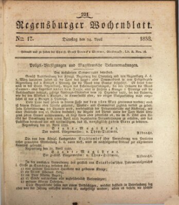 Regensburger Wochenblatt Dienstag 24. April 1838