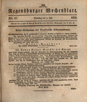 Regensburger Wochenblatt Dienstag 3. Juli 1838