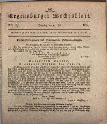 Regensburger Wochenblatt Dienstag 17. Juli 1838