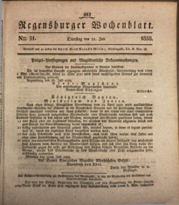 Regensburger Wochenblatt Dienstag 31. Juli 1838