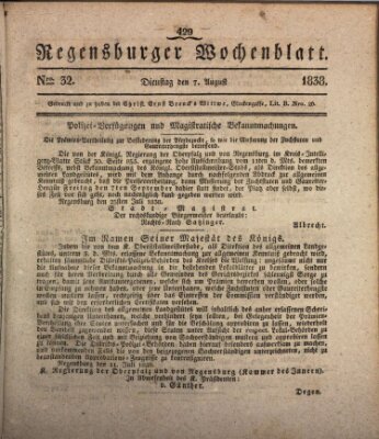 Regensburger Wochenblatt Dienstag 7. August 1838