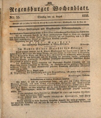 Regensburger Wochenblatt Dienstag 14. August 1838