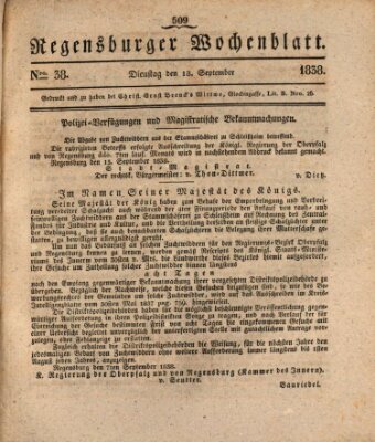 Regensburger Wochenblatt Dienstag 18. September 1838