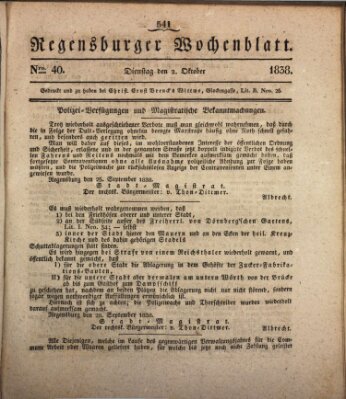 Regensburger Wochenblatt Dienstag 2. Oktober 1838