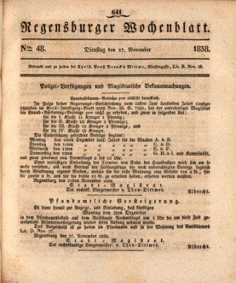 Regensburger Wochenblatt Dienstag 27. November 1838