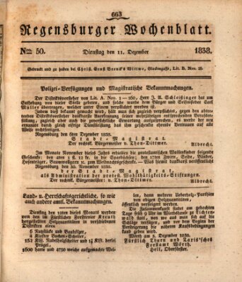 Regensburger Wochenblatt Dienstag 11. Dezember 1838