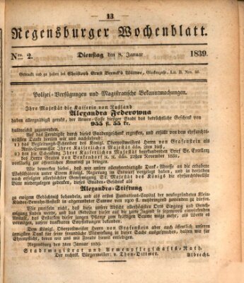 Regensburger Wochenblatt Dienstag 8. Januar 1839