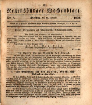 Regensburger Wochenblatt Dienstag 19. Februar 1839