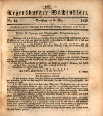 Regensburger Wochenblatt Dienstag 26. März 1839