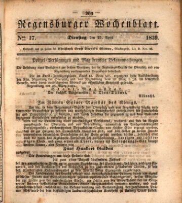 Regensburger Wochenblatt Dienstag 23. April 1839