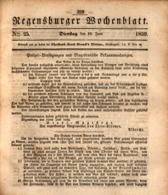 Regensburger Wochenblatt Dienstag 18. Juni 1839