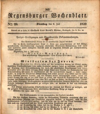 Regensburger Wochenblatt Dienstag 9. Juli 1839