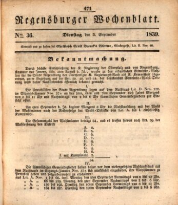 Regensburger Wochenblatt Dienstag 3. September 1839