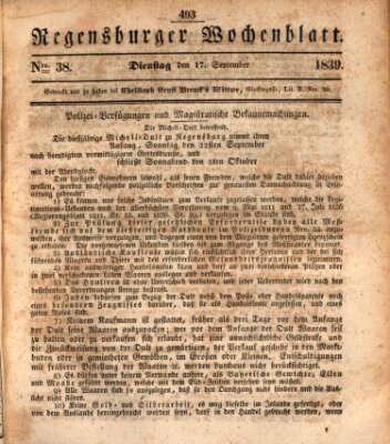 Regensburger Wochenblatt Dienstag 17. September 1839