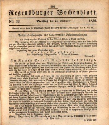 Regensburger Wochenblatt Dienstag 24. September 1839