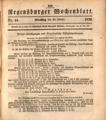 Regensburger Wochenblatt Dienstag 29. Oktober 1839