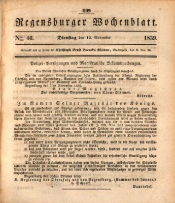 Regensburger Wochenblatt Dienstag 12. November 1839