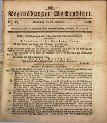 Regensburger Wochenblatt Dienstag 26. November 1839