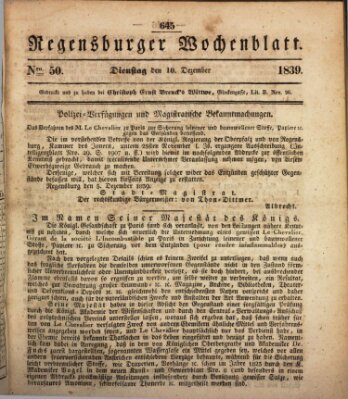 Regensburger Wochenblatt Dienstag 10. Dezember 1839